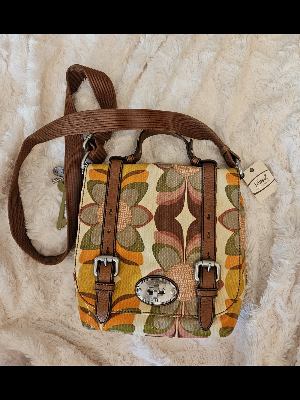 Fossil☆Key-Per☆Retro Floral Canvas Crossbody Bag in Brown and Mustard